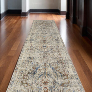12' Red Tan and Blue Oriental Power Loom Worn Faded Runner Rug With Fringe