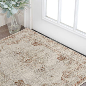 3' X 5' Ivory Gray and Brown Abstract Power Loom Worn Faded Area Rug With Fringe