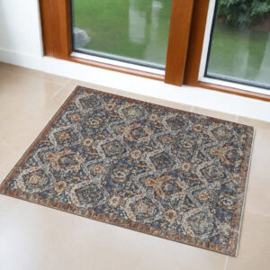 3' X 5' Ivory Blue and Brown Floral Power Loom Area Rug With Fringe