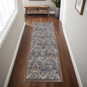 8' Ivory Blue and Brown Floral Power Loom Runner Rug With Fringe