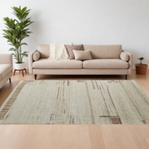 8' X 12' Gray Tan and Green Wool Abstract Hand Knotted Area Rug