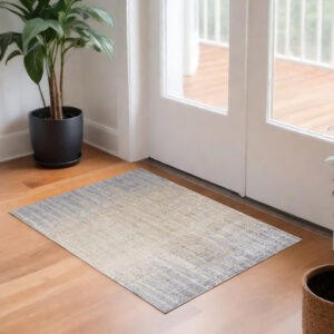 3' X 5' Ivory Tan and Blue Ombre Power Loom Worn Faded Area Rug