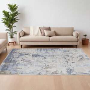 8' X 10' Ivory Gray and Blue Abstract Power Loom Worn Faded Area Rug