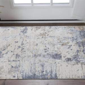 2' X 3' Ivory Gray and Blue Abstract Power Loom Worn Faded Area Rug