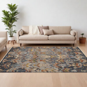 9' X 13' Blue Gray and Brown Wool Ikat Hand Knotted Area Rug With Fringe