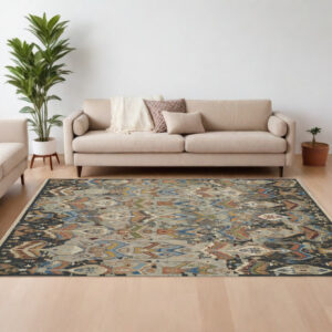 12' X 15' Blue Gray and Brown Wool Ikat Hand Knotted Area Rug With Fringe