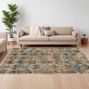 8' X 12' Ivory Blue and Brown Wool Ikat Hand Knotted Area Rug With Fringe