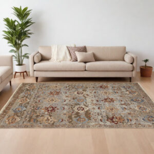 12' X 15' Tan Brown and Gray Wool Floral Hand Knotted Area Rug With Fringe