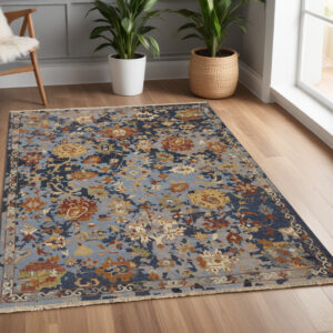 4' X 6' Blue Gray and Red Wool Floral Hand Knotted Area Rug With Fringe
