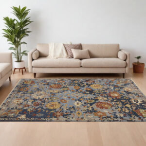 8' X 12' Blue Gray and Red Wool Floral Hand Knotted Area Rug With Fringe