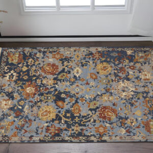 2' X 3' Blue Gray and Red Wool Floral Hand Knotted Area Rug With Fringe