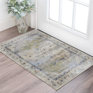 2' X 3' Ivory Green and Blue Abstract Power Loom Worn Faded Area Rug