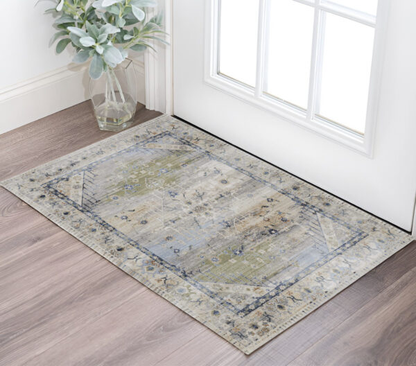 2' X 3' Ivory Green and Blue Abstract Power Loom Worn Faded Area Rug