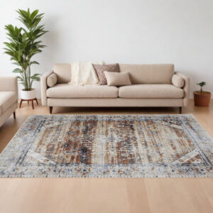 9' X 13' Ivory Red and Blue Abstract Power Loom Worn Faded Area Rug