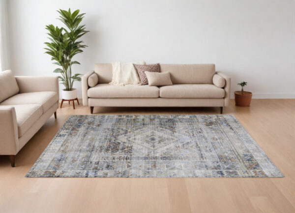 7' X 10' Gray Blue and Red Abstract Power Loom Worn Faded Area Rug