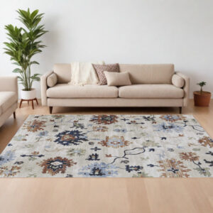 8' X 10' Ivory Red and Blue Floral Power Loom Area Rug