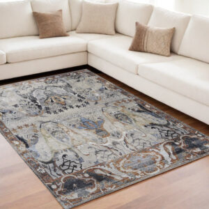 5' X 8' Gray Black and Red Ikat Power Loom Area Rug