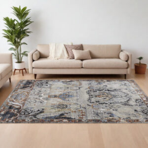 7' X 10' Gray Black and Red Ikat Power Loom Area Rug