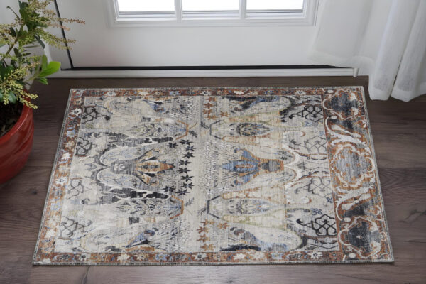 2' X 3' Gray Black and Red Ikat Power Loom Area Rug