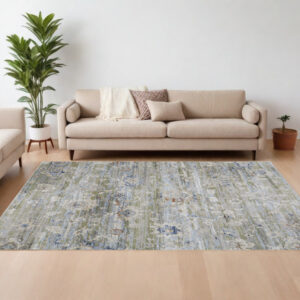 7' X 10' Ivory Green and Blue Floral Power Loom Worn Faded Area Rug