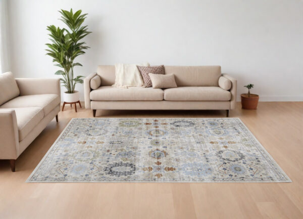 7' X 10' Ivory Red and Blue Floral Power Loom Area Rug