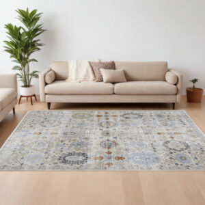 9' X 13' Ivory Red and Blue Floral Power Loom Area Rug