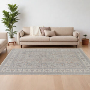 8' X 10' Silver Taupe and Blue Oriental Power Loom Worn Faded Area Rug With Fringe