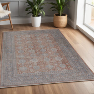 5' X 7' Blue and Red Oriental Power Loom Worn Faded Area Rug With Fringe