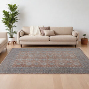 7' X 10' Blue and Red Oriental Power Loom Worn Faded Area Rug With Fringe