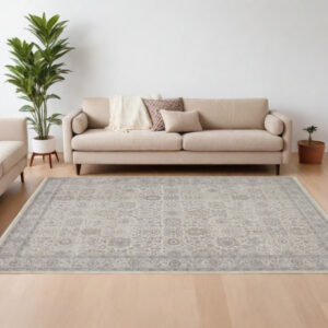 9' X 13' Gray and Ivory Oriental Power Loom Worn Faded Area Rug With Fringe
