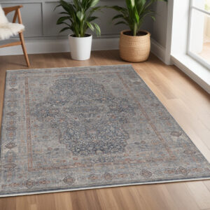 4' X 5' Gray Blue and Red Oriental Power Loom Worn Faded Area Rug With Fringe