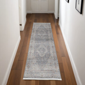 8' Gray Blue and Red Oriental Power Loom Worn Faded Runner Rug With Fringe