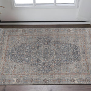 2' X 3' Gray Blue and Red Oriental Power Loom Worn Faded Area Rug With Fringe