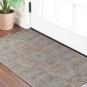 2' X 3' Gray Ivory and Orange Oriental Power Loom Worn Faded Area Rug With Fringe