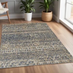 4' X 6' Gray and Blue Wool Geometric Hand Knotted Area Rug