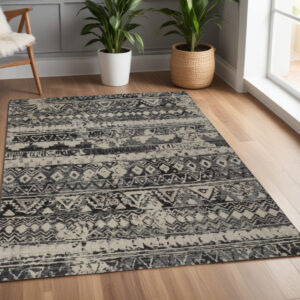 4' X 6' Ivory Gray and Black Wool Geometric Hand Knotted Area Rug