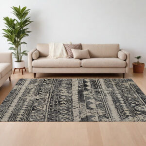 8' X 10' Ivory Gray and Black Wool Geometric Hand Knotted Area Rug