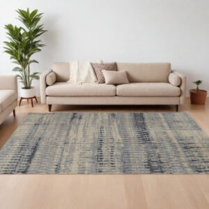 6' X 9' Gray Blue and Ivory Wool Abstract Hand Knotted Area Rug