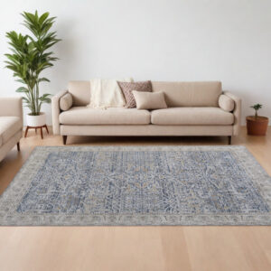 7' X 10' Taupe and Blue Ikat Power Loom Worn Faded Area Rug With Fringe