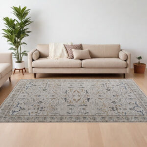 7' X 10' Gray Blue and Red Ikat Power Loom Worn Faded Area Rug With Fringe