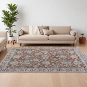 8' X 10' Red Blue and Ivory Floral Power Loom Worn Faded Area Rug With Fringe