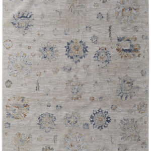 5' X 8' Ivory Taupe and Blue Floral Power Loom Worn Faded Area Rug With Fringe