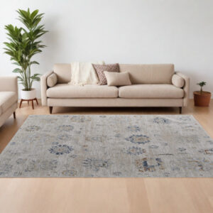 8' X 10' Ivory Taupe and Blue Floral Power Loom Worn Faded Area Rug With Fringe