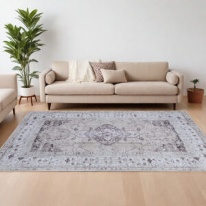 8' X 10' Gray Tan and Ivory Oriental Power Loom Worn Faded Washable Area Rug