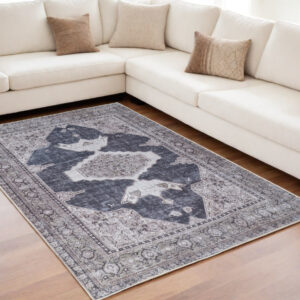 5' X 8' Gray Taupe and Ivory Oriental Power Loom Washable Area Rug