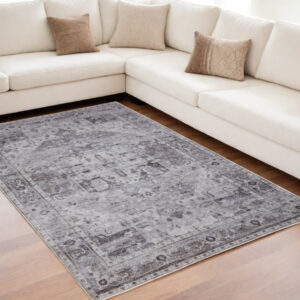5' X 8' Gray and Ivory Oriental Power Loom Worn Faded Washable Area Rug