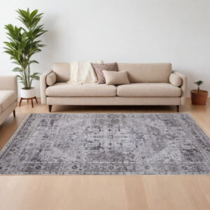 9' X 12' Gray and Ivory Oriental Power Loom Worn Faded Washable Area Rug