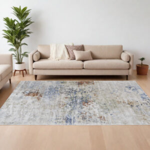 8' X 10' Red Blue and Ivory Abstract Power Loom Area Rug
