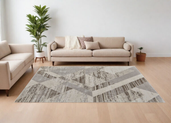 7' X 10' Ivory Gray and Brown Geometric Power Loom Area Rug