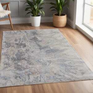 4' X 6' Gray Tan and Green Abstract Hand Tufted Worn Faded Area Rug
